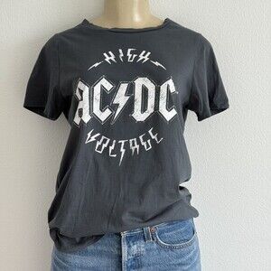 AC/DC High Voltage Graphic T-Shirt Small Charcoal Gray Distressed Rock Band Tee‎